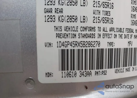 2005 Dodge Caravan Sxt from USA, damaged, VIN 1D4GP45RX5B286270